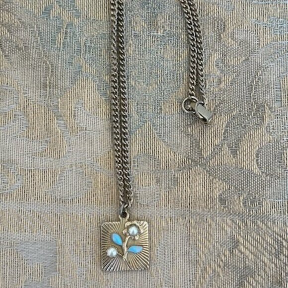 EMMONS Blue Enamel Pearl Flower Gold Choker NECKLACE - Picture 9 of 11